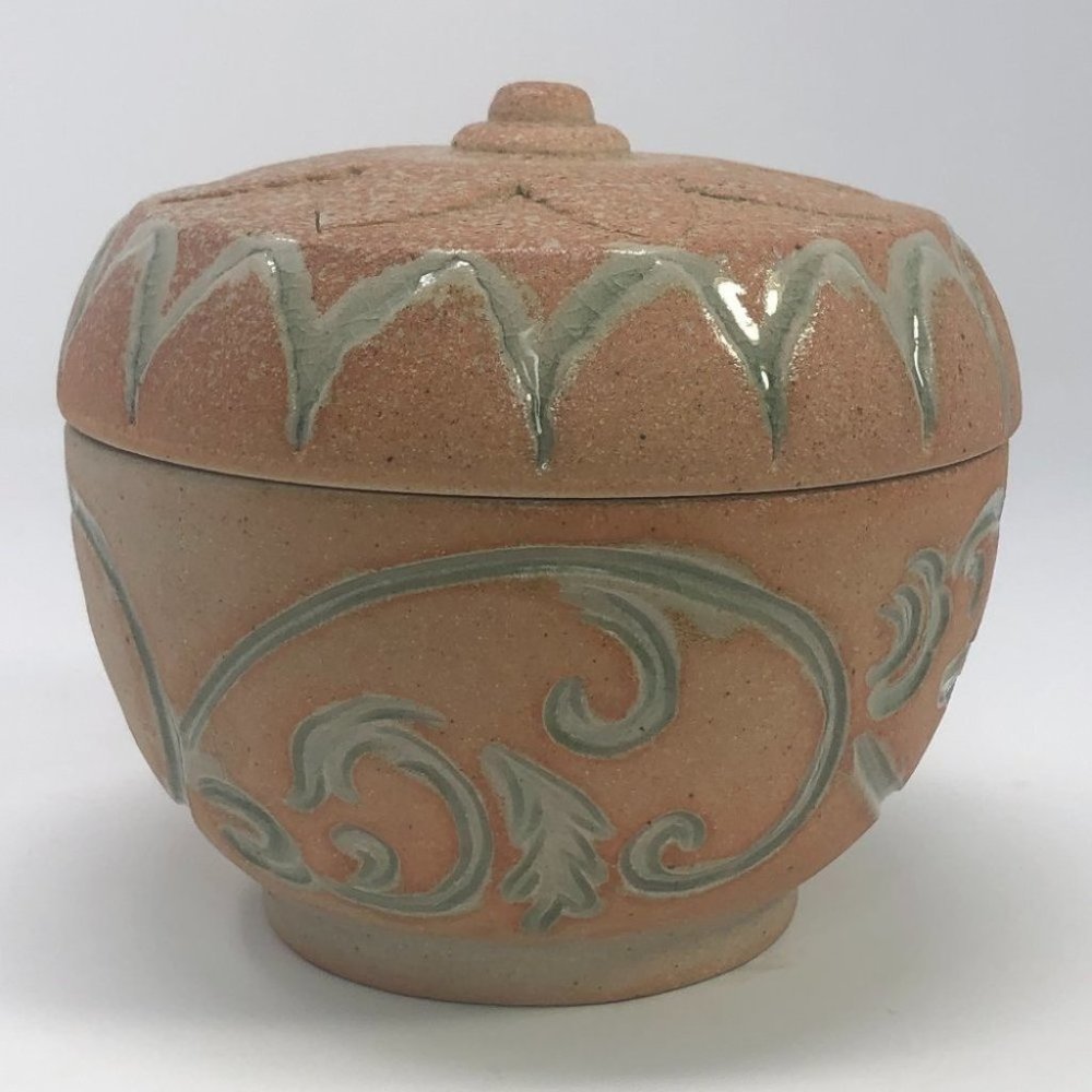 Covered Jar/Box Stone Ware Glace in the inside and Bisque with Glace designs in